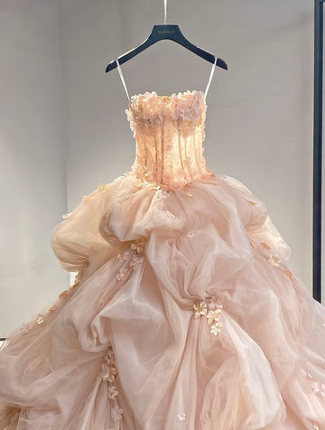 Pink Romantic A Line Strapless Appliques Layered Tulle Prom Dress Party Dress HZ1023